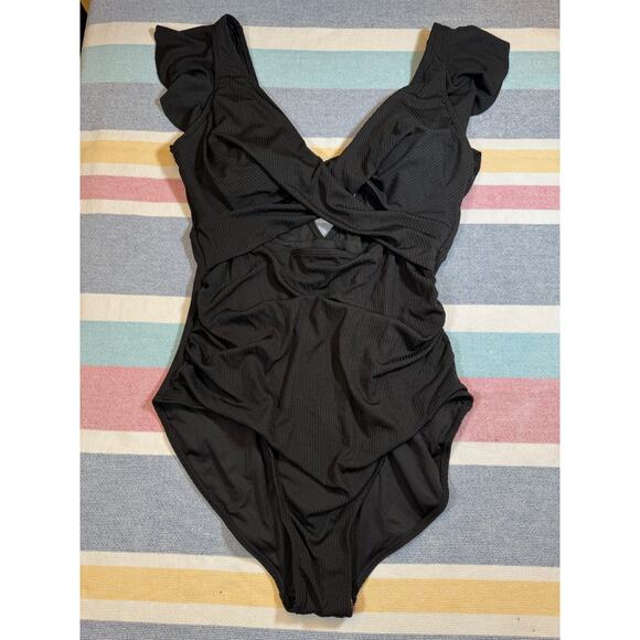 NWT B2Prity Black Ribbed Ruffle One-Piece Swimsuit – Size XL - Picture 1 of 8